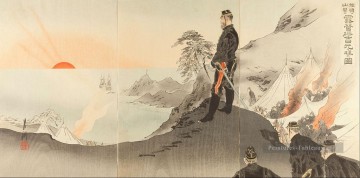  1894 Art - image des officiers et des hommes adorant le soleil levant tout campé dans les montagnes du port 1894 Ogata Gekko ukiyo e